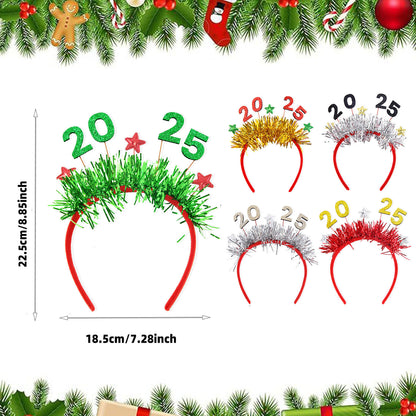 US Local 5 Packs Christmas Headbands 2025 New Year Hairband Xmas Glitter Hair HoopTinsel Hair Accessories For Christmas New Year Party Celebration Headdress Decorations