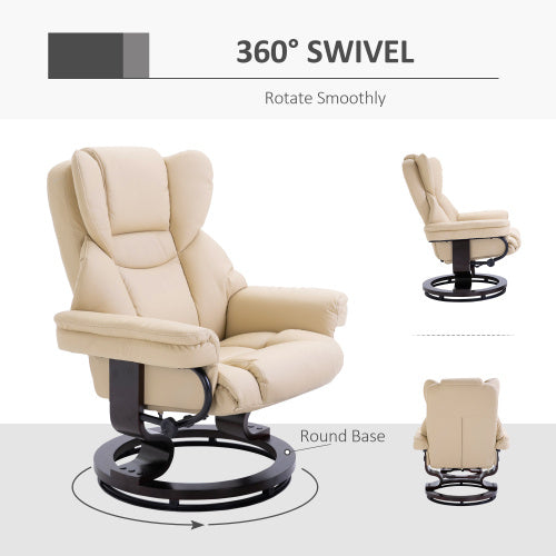 UK Local HOMCOM 360 Swivel Recliner Chair With Footstool, PU Leather Manual Recliner Armchair With Solid Wood Base, Upholstered Reclining Chair For Living Room, Bedroom, Office, Cream