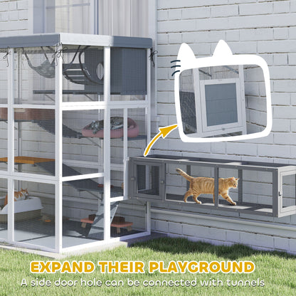 US Local Large Outdoor Catio Cat Enclosure With Hammock, Condo,Platforms, Ladders, Ramps, Tarp, For 2-4 Large Cats, Gray