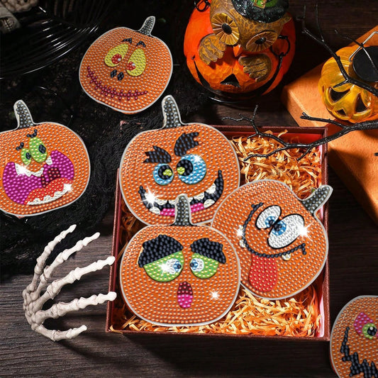 8 Pcs Halloween Pumpkin Diamond Art Coasters With Holder Cartoon Pumpkin Diamond Painting Coasters Autumn DIY Painting Kit Orange Crafts For Thanksgiving Gift