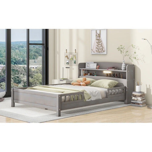 US Local Wood Full Size Platform Bed With Built-in LED Light, Storage Headboard And Guardrail, Antique Grey