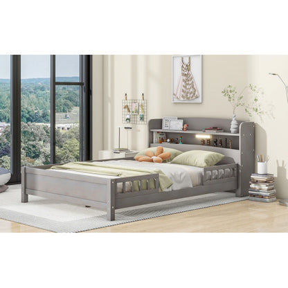 US Local Wood Full Size Platform Bed With Built-in LED Light, Storage Headboard And Guardrail, Antique Grey