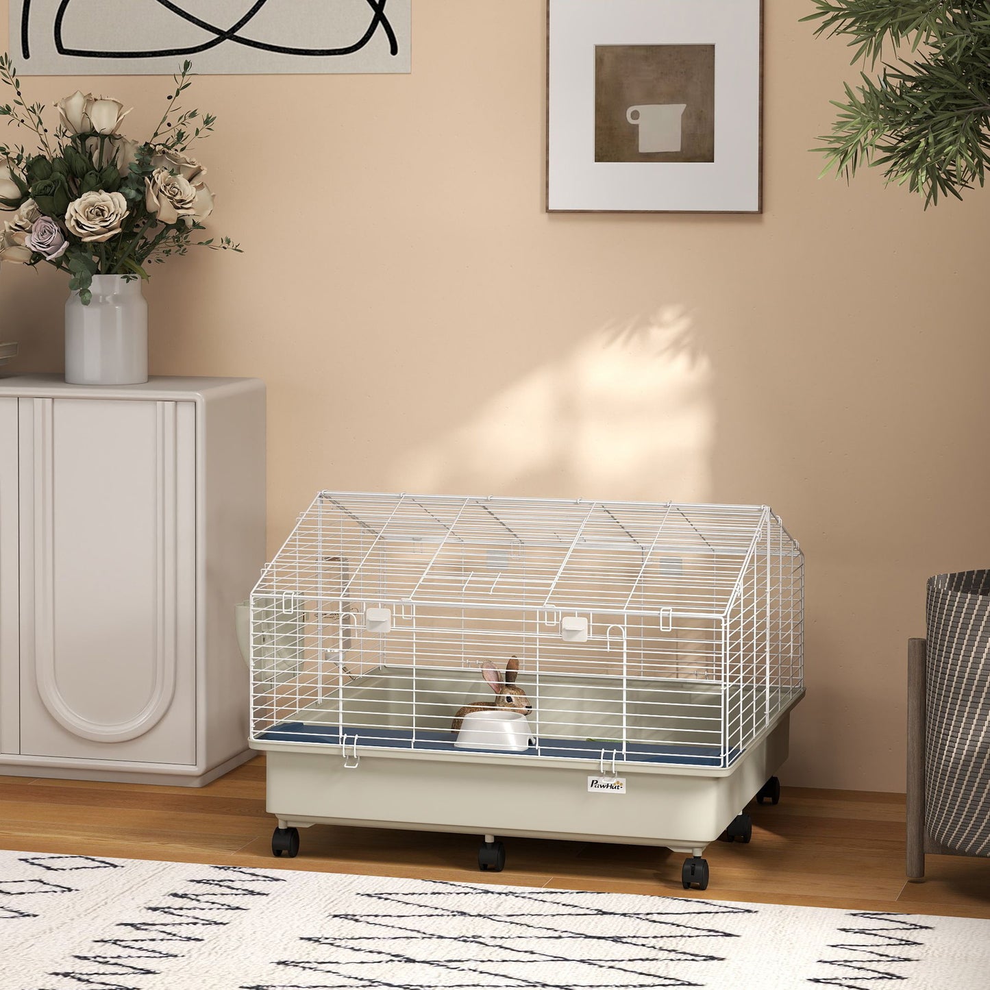 US Local Rolling Small Animal Cage With Water Bottle, Hay Feeder, Food Dish For Rabbits, Hedgehogs, Guinea Pigs, 35 X 35x 25
