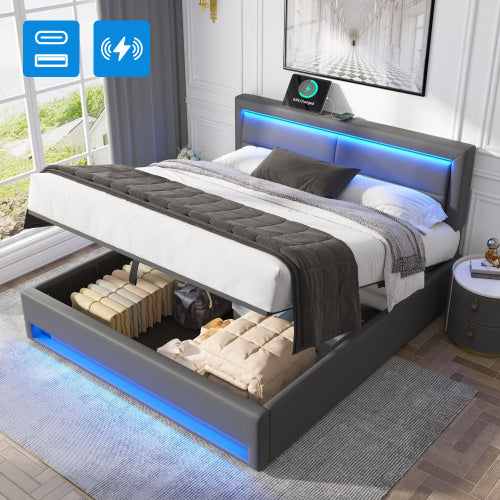 UK Local Upholstered Bed 150 X 200 Cm, King Size Bed-5ft,with USB Port Supports Wireless And Wired Charging, With LED Lighting And Storage Space, Without Mattress, PU Lychee Pattern, Grey