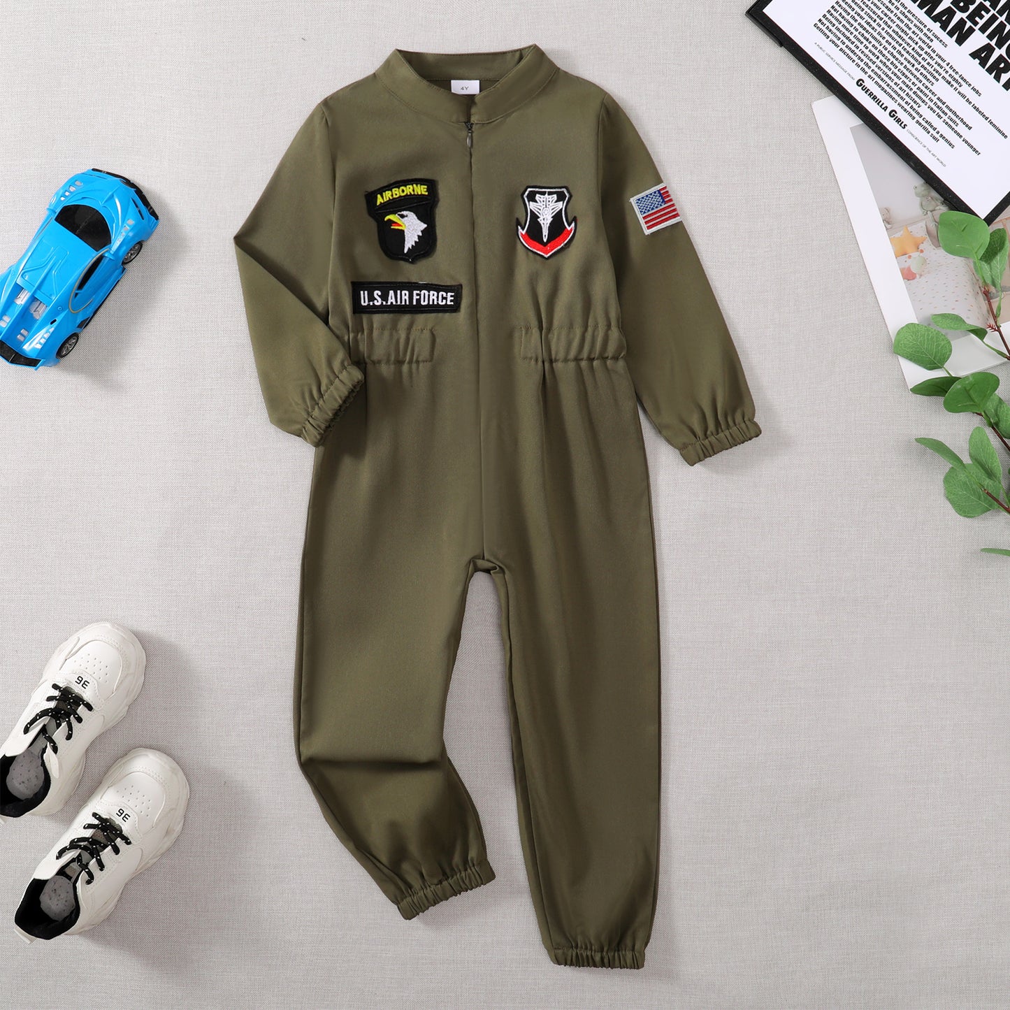 US Local Toddler Boys Pilot Jumpsuit Army Green Long Sleeve Romper, Perfect For Birthday Party Outfits