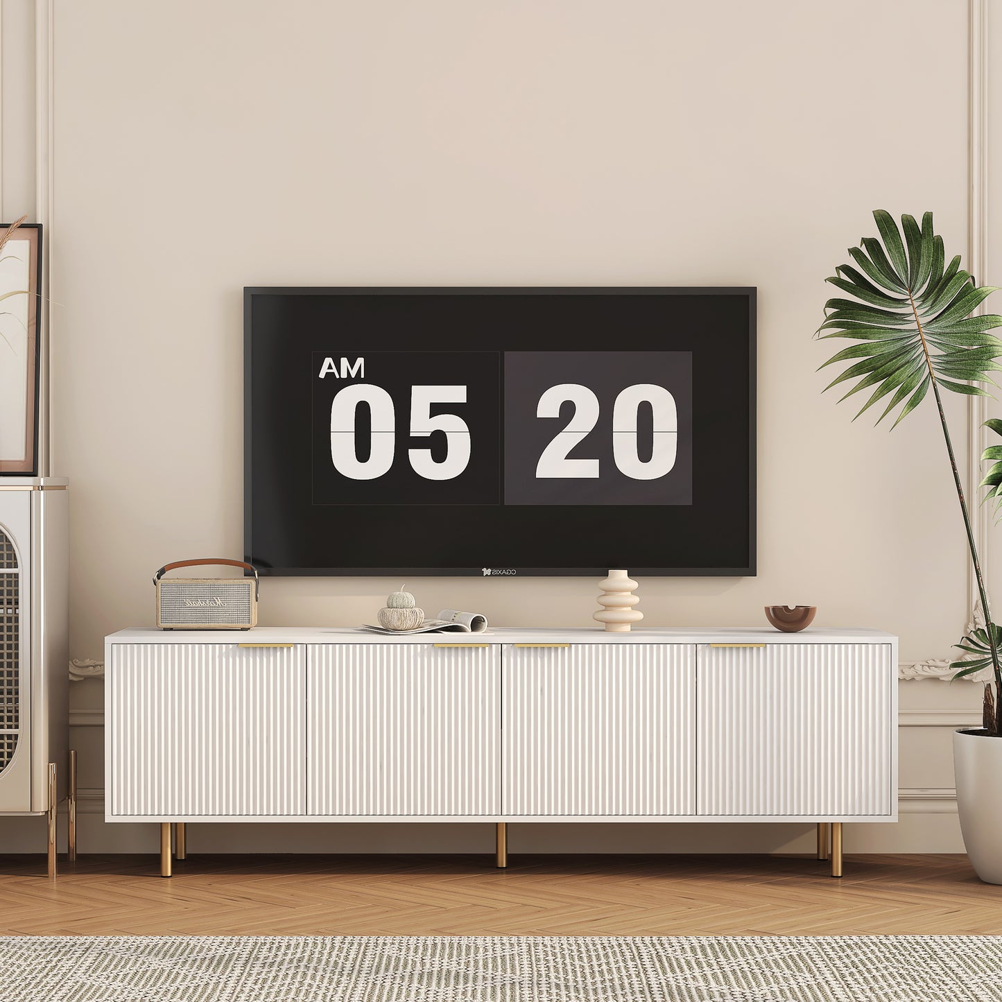 US Local White Modern TV Stand Fluted T, Entertainment Center With Storage Doors, TV Console Media Cabinet, For 55 Inch TV, Living Room