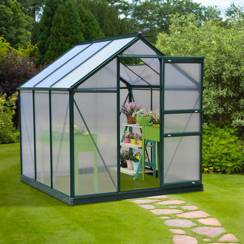 UK Local Outsunny 6 X 6ft Polycarbonate Greenhouse, Large Walk-In Green House With Slide Door And Window, Garden Plants Grow House With Aluminium Frame And Foundation, Dark Green