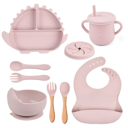8-piece Children's Silicone Tableware Set Dinosaur Silicone Plate Bib Spoon Fork Cup Baby Silicone Plate