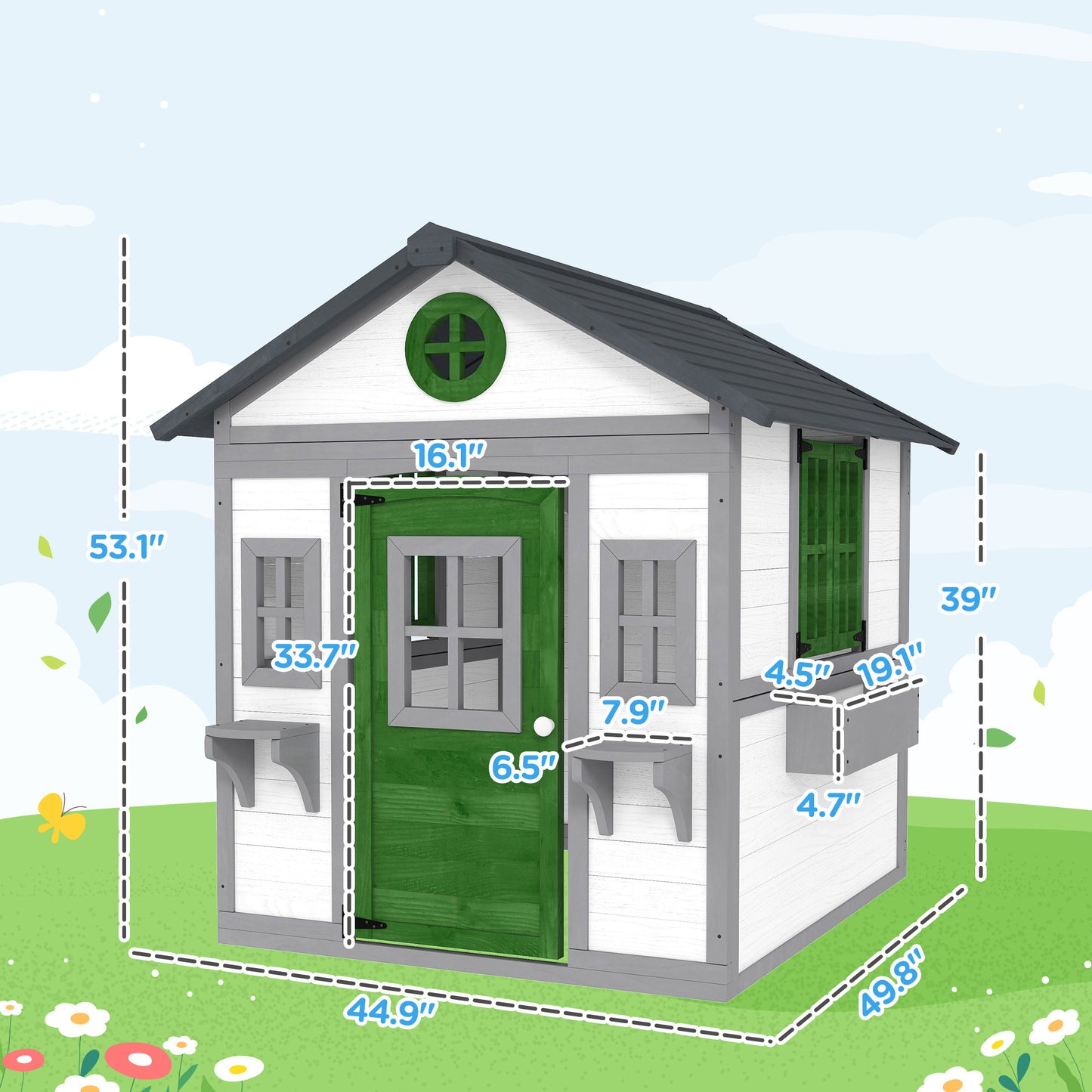 US Local Wooden Playhouse For Kids Outdoor With Doors, Windows, Planter Pots And Boxes For Toddlers 3-8 Years, White