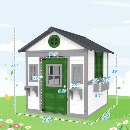 US Local Wooden Playhouse For Kids Outdoor With Doors, Windows, Planter Pots And Boxes For Toddlers 3-8 Years, White