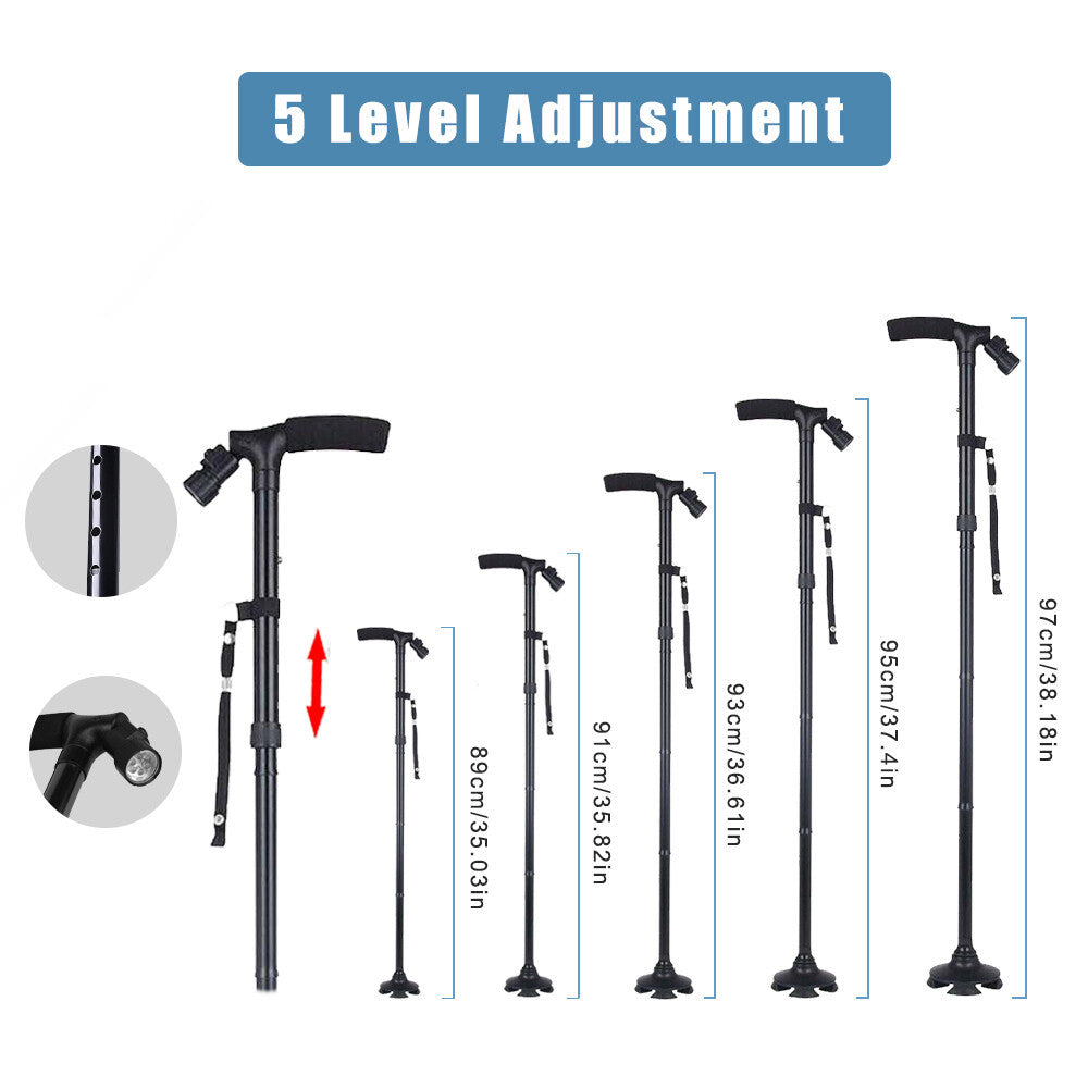 UK Local Folding LCD Walking Stick Cane With Flashlight For Senior Aluminium Travel Hiking Cane Trekking Pole Crutch Handle Strap 5 Gears