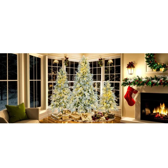 US Local 6FT Pre-Lit Spruce Snow Flocked Christmas Tree, Artificial Hinged Xmas Tree With 300 Multi-Color LED Lights, 8 Flashing Modes &790 Snow Branch Tips, Holiday Office Home