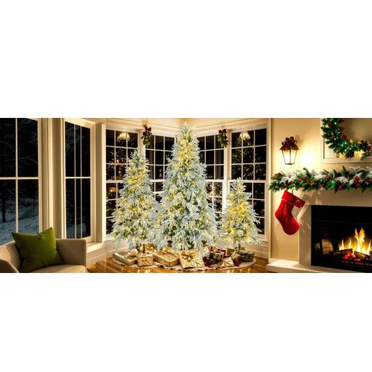 US Local 6FT Pre-Lit Spruce Snow Flocked Christmas Tree, Artificial Hinged Xmas Tree With 300 Multi-Color LED Lights, 8 Flashing Modes &790 Snow Branch Tips, Holiday Office Home