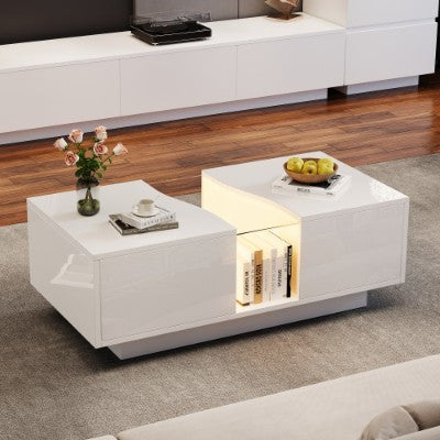 UK Local Led Coffee Table With 2 Drawer Storage, High Gloss Coffee Table For Living Room Unique Shape Centre Table With 16-Color Led Lights,End Table For Home Office Furniture, White
