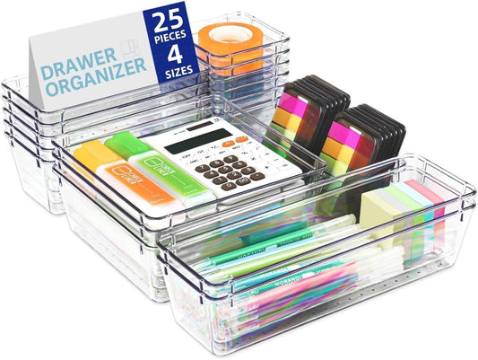 UK Local 25Pcs Draw Organiser Plastic Box Desk Drawer Fridge Trays Makeup Storage Divider