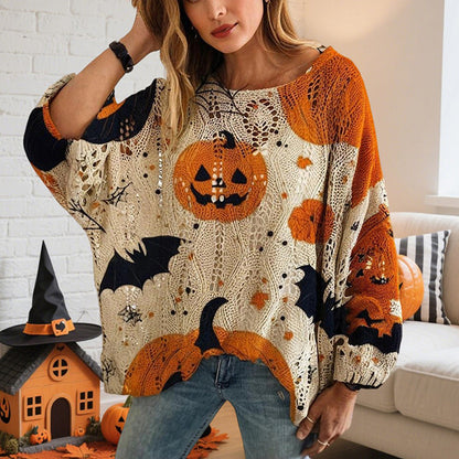 Women's Diamond Hollow Out Batwing Sleeve Top - Loose Fit Pumpkin Halloween Print Blouse For Spring Summer
