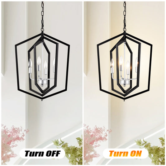 US Local 4-Light Farmhouse Kitchen Chandeliers, Matte Black And Sliver Vintage Rustic Cage Light Fixture Adjustable Height Chandeliers For Dining Room Hallway Foyer Entryway E12 Bulbs Not Included