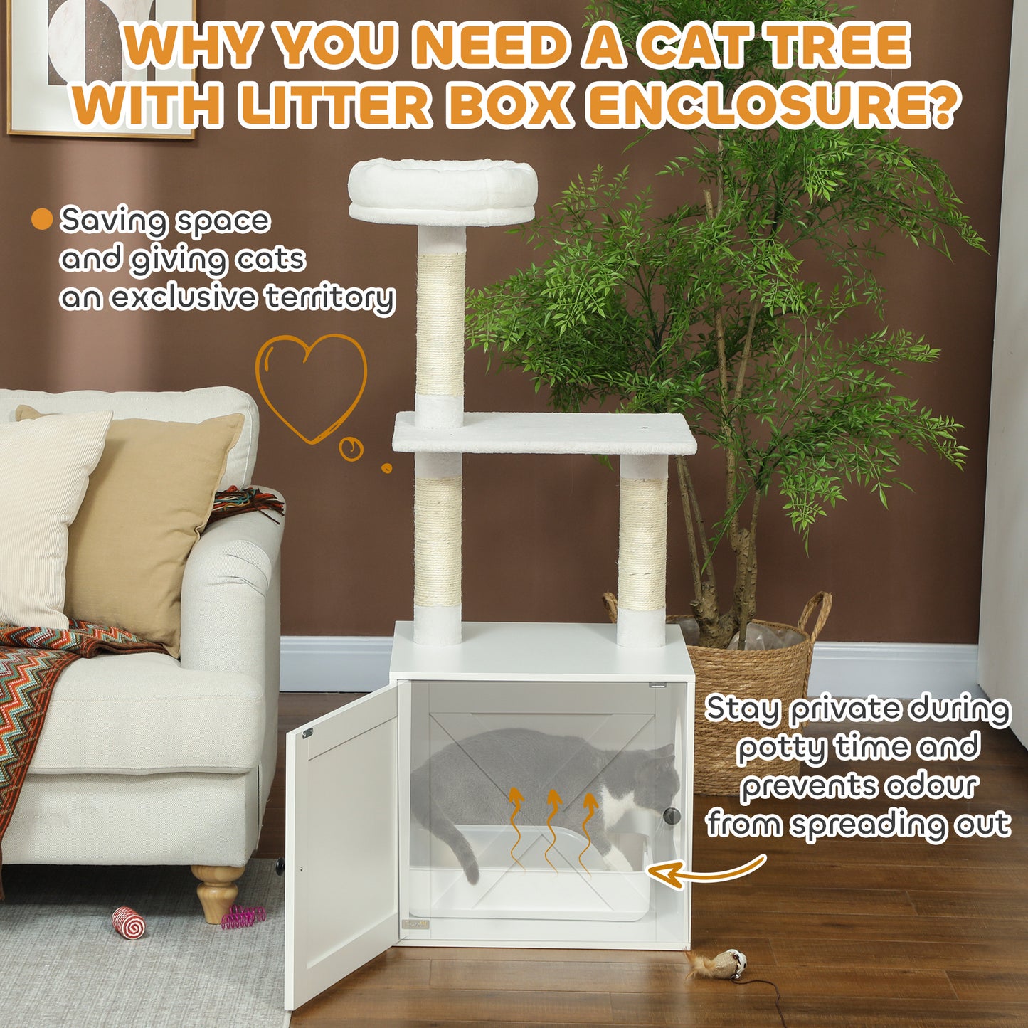 US Local Cat Tree With Litter Box Enclosure, Scratching Posts, Bed, Climbing Platforms For Indoor Cats, White