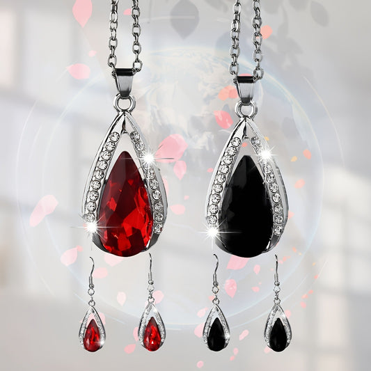 Black Red Teardrop Glass Pendant Necklace And Earrings Suite In Stock Factory Wholesale