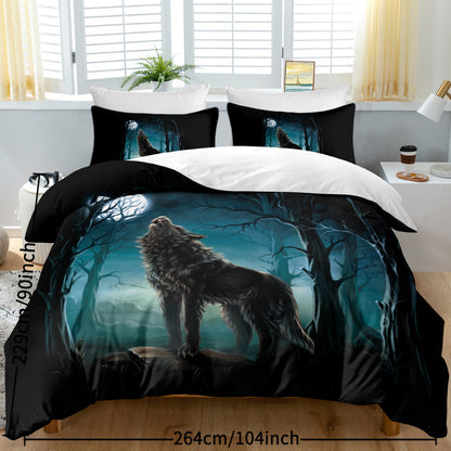 US Local Moon Wolf Bedding Green Watercolor Forest Wolf Landscape Duvet Cover Sets 3 Pieces Wild Animal Bedding Set Twin Full Queen King Size