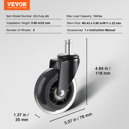 US Local VEVOR Office Chair Wheels, Set Of 5, 3 Inch Caster Wheels Replacement For Hardwood Floors And Carpet, Heavy Duty Computer Gaming Desk Casters With 130 Lbs Load Capacity, Universal Fit For Most Chairs