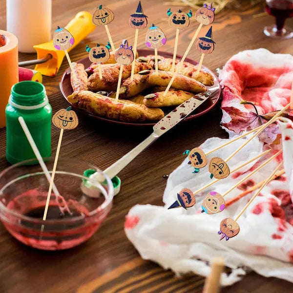 Halloween Pumpkin Cocktail Picks 5 Inch Bamboo Fancy Toothpicks For Appetizers, Decorative Fall Halloween Thanksgiving Party Food Drinks Garnish Fruit Skewer Sticks Multi-item Party Favor Pack