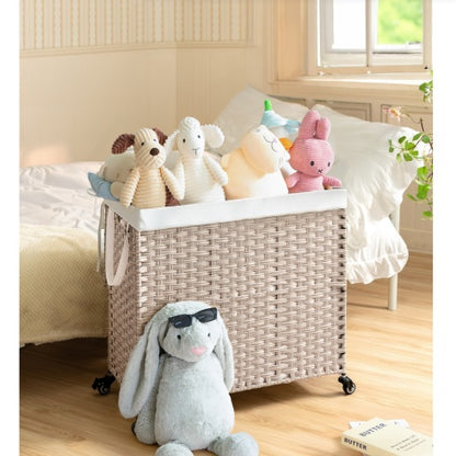 US Local Laundry Hamper With Lid PE Rattan Powder Coating Frame Clothes Hampers With 02 Removable Bags, Wheels, 160L, Gray Color