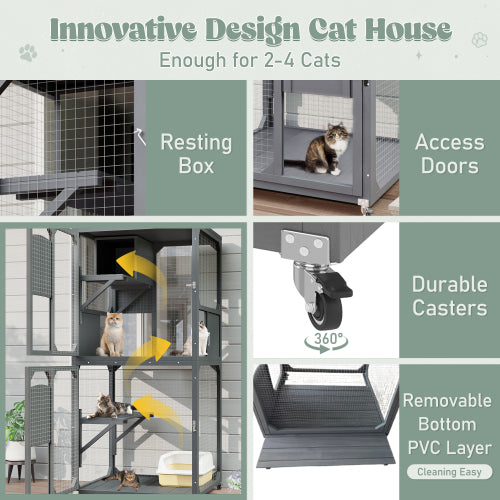 US Local Catio Outdoor Cat Enclosure Window Access, 4 Tiers Cat House With Wheels, Resting Box & Waterproof Roof, Indoor Large Cat House Cage, Gray