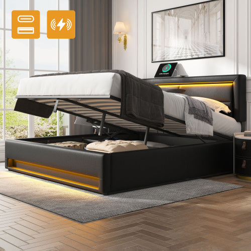 UK Local Upholstered Bed 135 X 190 Cm,Double Bed-4ft6,with USB Port  Supports Wireless And Wired Charging, With LED Lighting And Storage Space, Without Mattress, PU-Lychee Design, Black