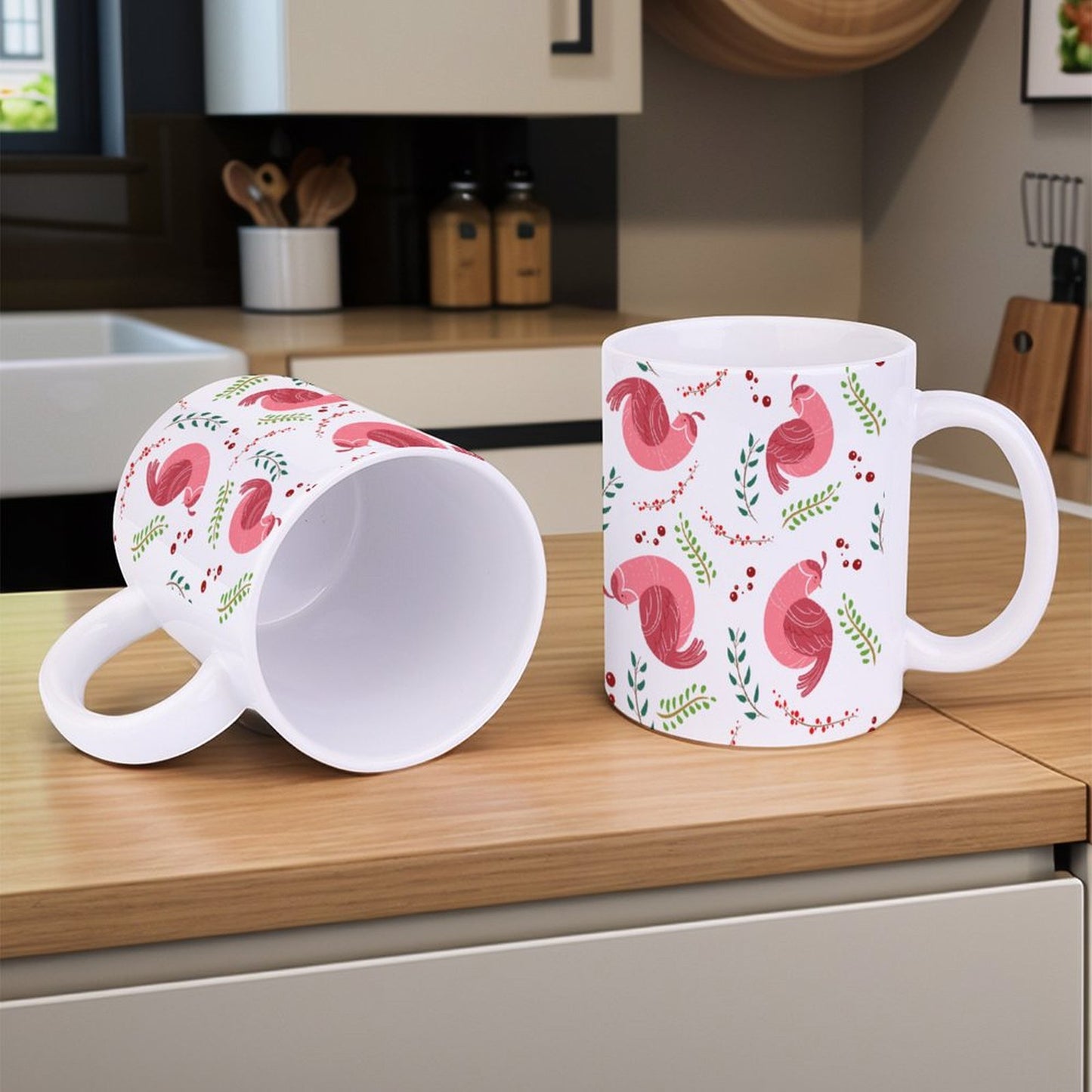 POD US Local White mug with full print, Christmas Bird Branches Pink 0068