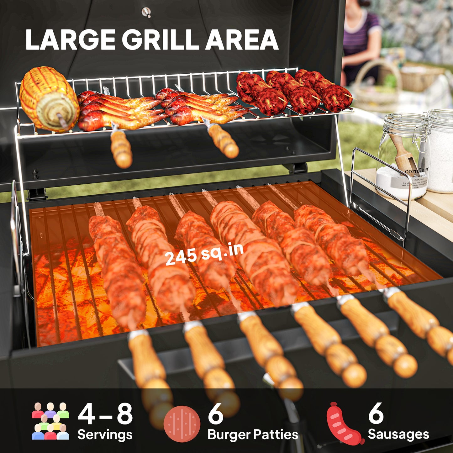 US Local Charcoal BBQ Grill With 245 Sq. In. Cooking Area, Adjustable Charcoal Pan, 3 Shelves, Thermometer, Black