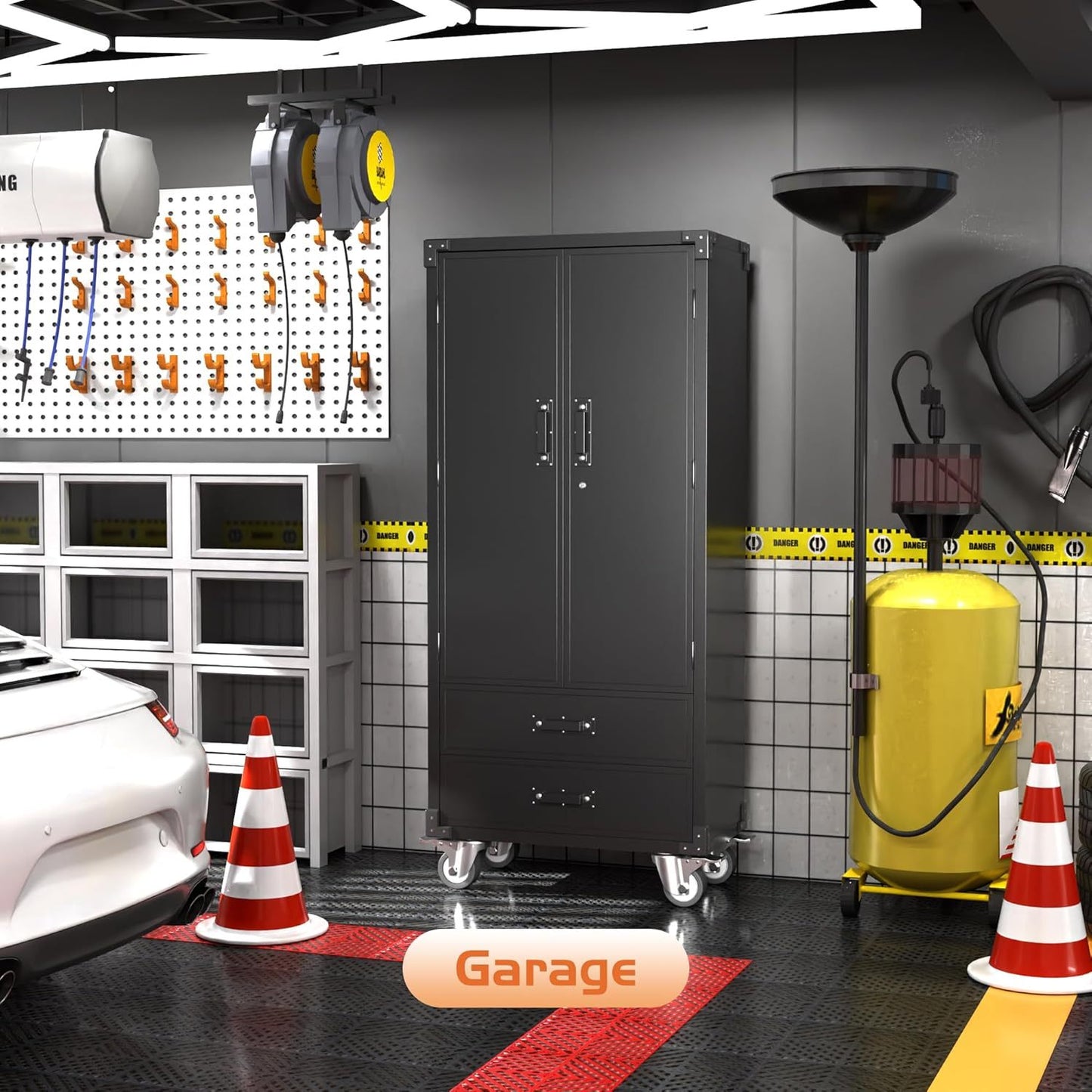 US Local Rolling Storage Cabinet With 2 Doors And 2 Drawers, Metal Storage Cabinet With Doors And Shelves, Locking Steel Cabinet For Warehouse, Home, Office Black