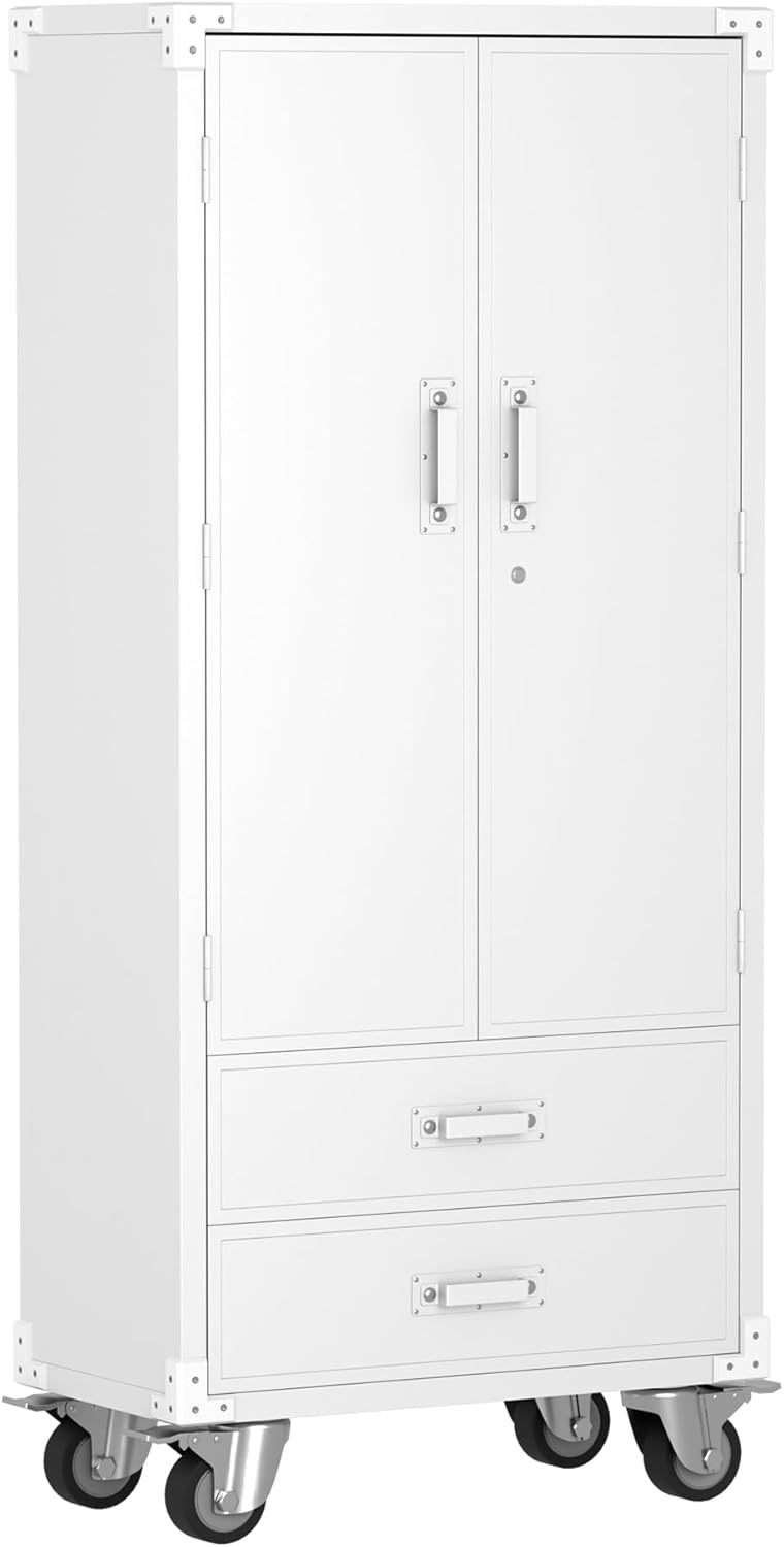 US Local Rolling Storage Cabinet With 2 Doors And 2 Drawers, Metal Storage Cabinet With Doors And Shelves, Locking Steel Cabinet For Warehouse, Home, Office White
