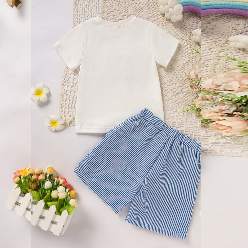 US Local Toddler Casual 2-Piece Set, Bunny & Carrot Embroidered Short Sleeve T-Shirt With Striped Pocket Shorts