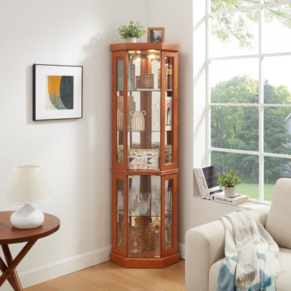 US Local Corner Glass Cabinet Lighted Curio Cabinet Corner Display Case For Living Room, Curio Cabinet, Antique Collection, Wine,Bar Glass Storage Light Included,Dark Cherry