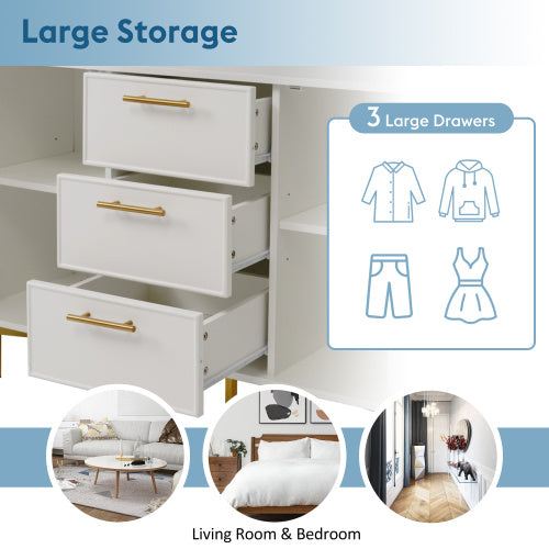 UK Local Sideboard Cabinet For Living Room, Chest Of Drawers With With 2 Doors And 3 Drawers, Adjustable Shelf, White, 40D X 120W X 75H CM