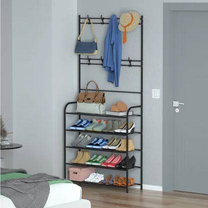 US Local Entryway Coat Hat Rack Shoe Storage Shelf Shoe Rack Freestanding Hall Tree Garment Hanger Stand Clothes Shoe Organizer Combo