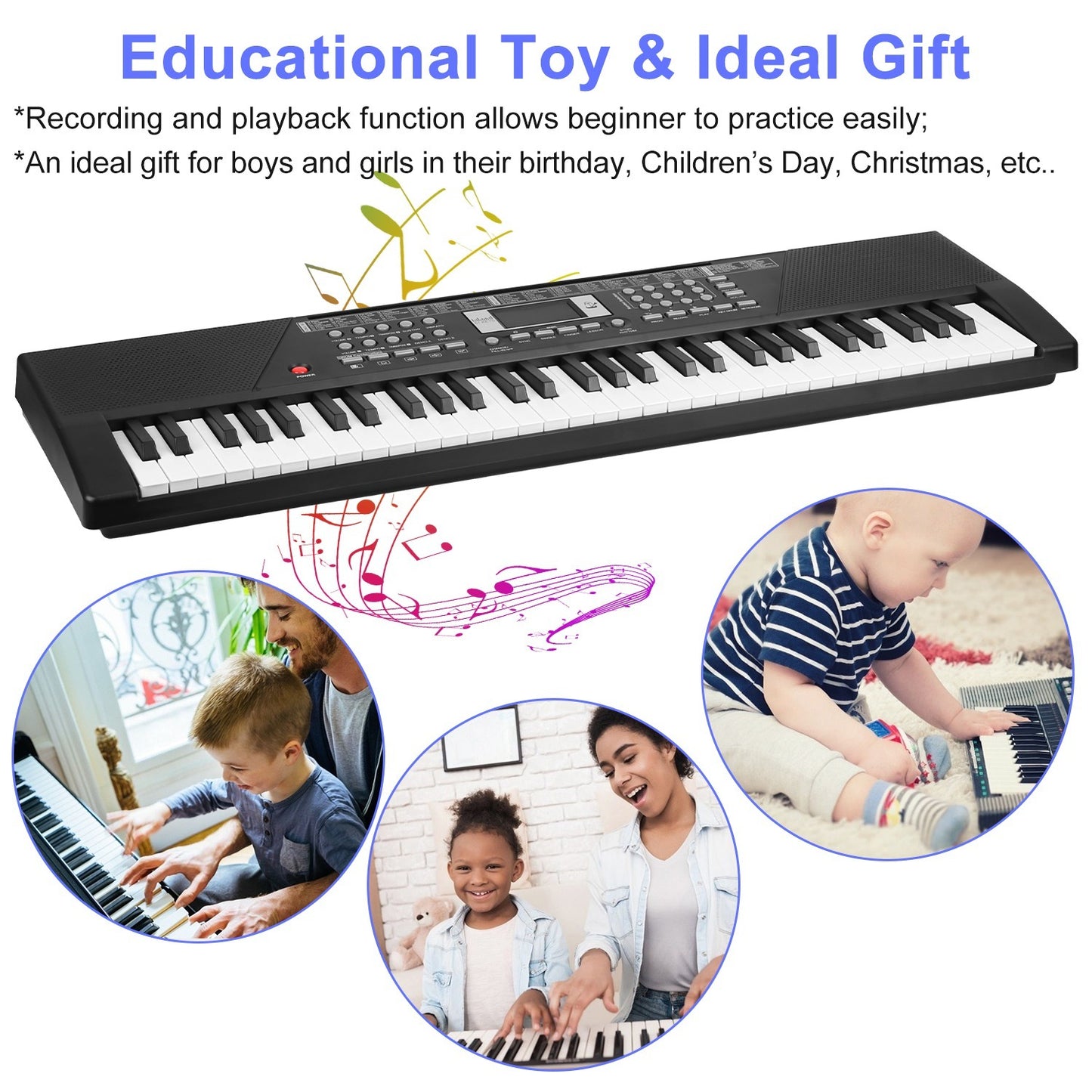 US Local 3 Types Options -- 1Pc 61 Keys Digital Music Keyboard Electric Piano Electronic Musical Instrument Kids Learning Keyboard With Microphone Stand For 3-12 Year Old Kids Girls Boys