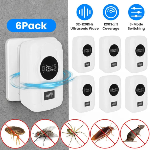 US Local 6-Pack Ultrasonic Insect Repellent - Dual Sound-Wave Tech, 3-Mode Switch, 32 - 120kHz Frequencies, Ideal For Full Home Coverage, Safe For Home With Kids - Plug-in Indoor Bug & Rodent Repeller