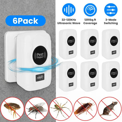 US Local 6-Pack Ultrasonic Insect Repellent - Dual Sound-Wave Tech, 3-Mode Switch, 32 - 120kHz Frequencies, Ideal For Full Home Coverage, Safe For Home With Kids - Plug-in Indoor Bug & Rodent Repeller
