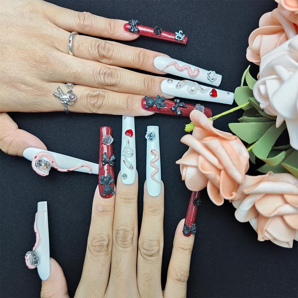US Local GGddsha Long Handmade PMMA Acrylic Press On Nails WithRhinestone Snake Rose Design, Dark Bear Nails,Reusable Fake Nails W Box, Gift For Women,Scarlet Serpentine