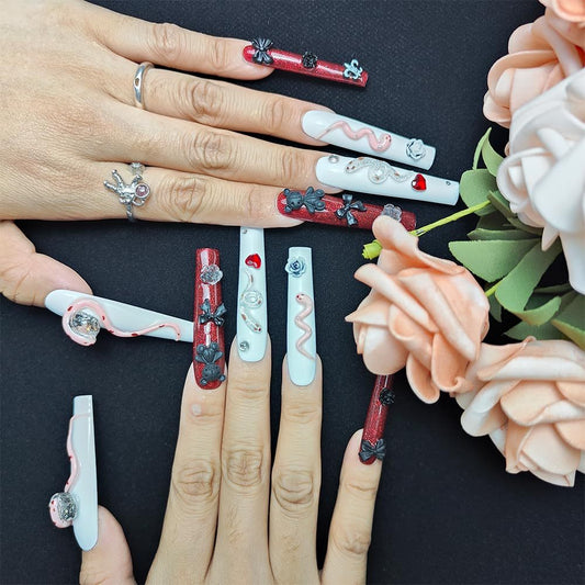 US Local GGddsha Long Handmade PMMA Acrylic Press On Nails WithRhinestone Snake Rose Design, Dark Bear Nails,Reusable Fake Nails W Box, Gift For Women,Scarlet Serpentine