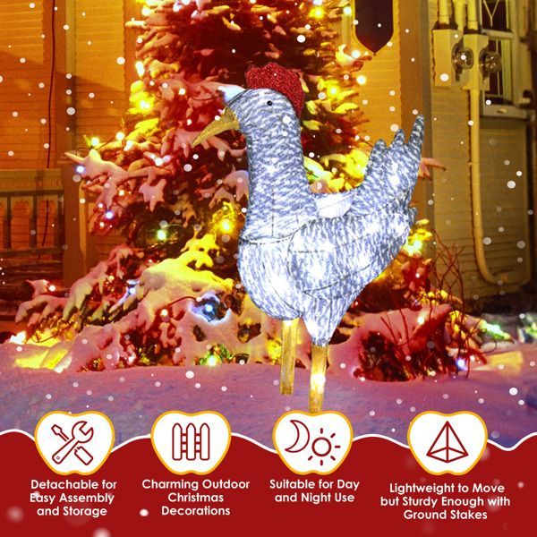 2FT Lighted Christmas Rooster Outdoor Decoration, Weather Proof Plush Rooster Christmas Ornament Home Decor Pre-lit 50 LED White Lights With Stakes