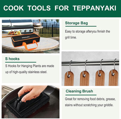 US Local Grilljoy Griddle Accessories Set With Robust Plastic Handle, All-in-One Griddle Tools Kit For Flat Top Grills Teppanyaki Hibachi, Stainless Steel Grill Spatula Kit For Outdoor Camping Grilling