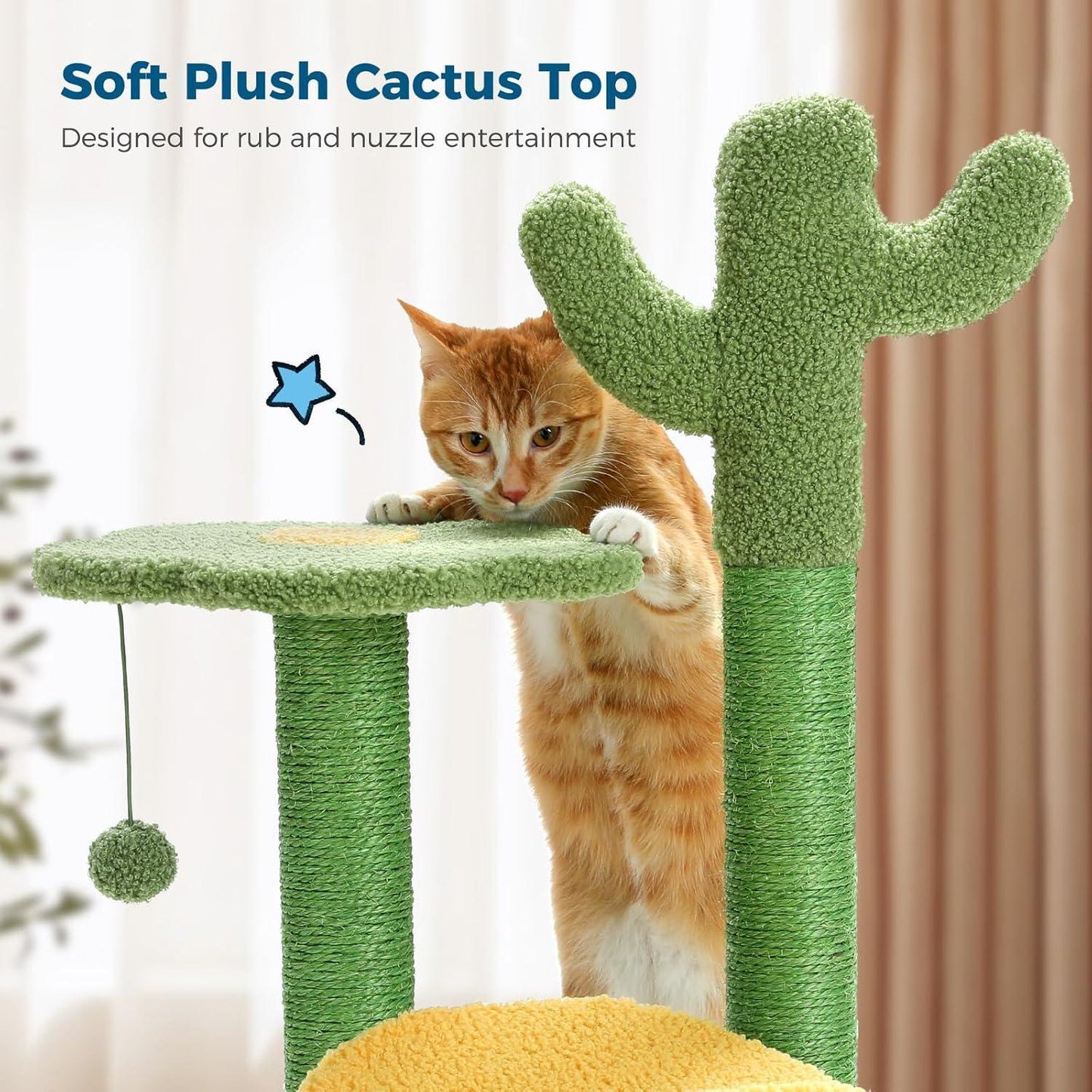 US Local 26 Inch Cactus Cat Tree With Bird's Eye View Flower Perch, Soft Cactus Top And Hanging Ball, Compact Vertical Structure For Indoor Cats