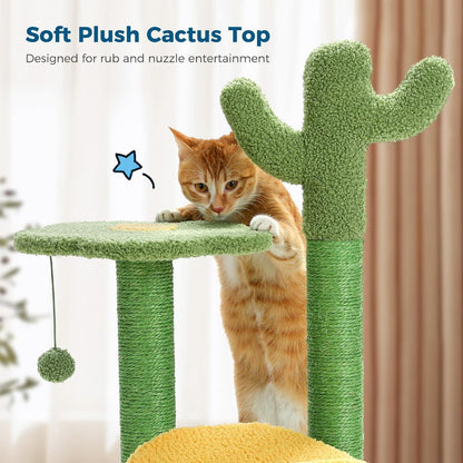 US Local 26 Inch Cactus Cat Tree With Bird's Eye View Flower Perch, Soft Cactus Top And Hanging Ball, Compact Vertical Structure For Indoor Cats