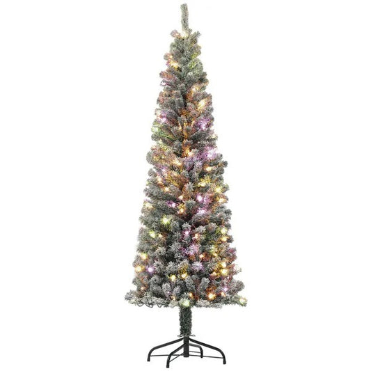 CA Local 6 ft Prelit Pencil Artificial Christmas Tree, Flocked Xmas Tree With Remote, Dual Colour LEDs, 429 Tips, Metal Stand