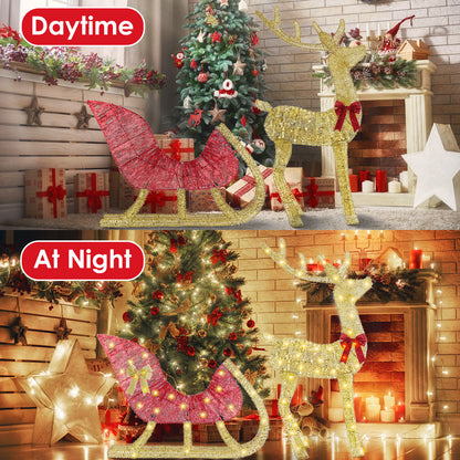 US Local 1 Pc Lighted Christmas Reindeer & Sleigh Indoor Outdoor Christmas Decoration Christmas Lighted Display With 8 Lighting Modes
