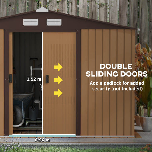 UK Local Outsunny 9 X 6ft Metal Garden Shed, Outdoor Storage Tool House With Ventilation Slots, Foundation Kit And Lockable Double Doors, Light Brown