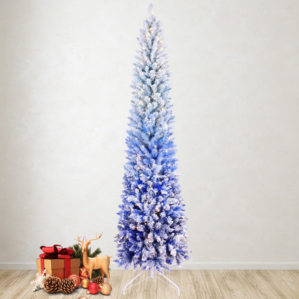 6FT Blue Gradient Flocked Pencil Christmas Tree With 200 Warm White LED Lights, 485 Tips, Hinged Branches, Slim Design, Metal Stand Narrow Prelit Tree For Holiday Home Decor